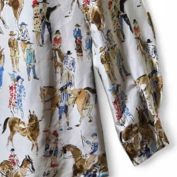 J.McLaughlin 100% Silk Equestrian Horse Print Blouse | Button Down Novelty Shirt - Picture 6 of 9